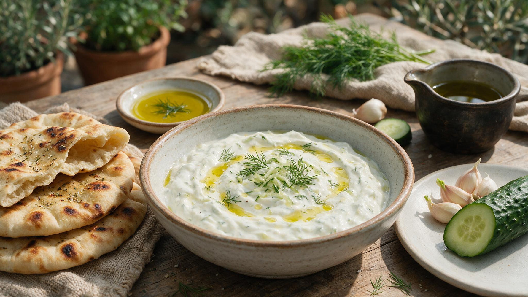 A bowl of creamy Greek tzatziki drizzled with extra virgin olive oil and dill, with pita bread and cucumber
