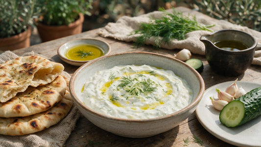 A bowl of creamy Greek tzatziki drizzled with extra virgin olive oil and dill, with pita bread and cucumber