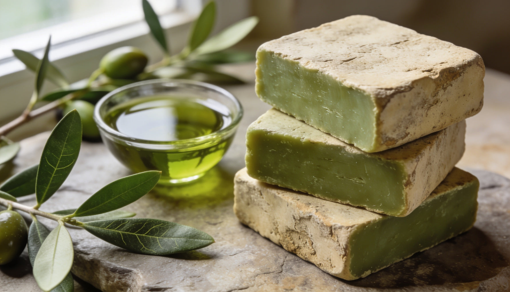 Traditional Aleppo soap bars with olive-green interior beside olive oil and fresh laurel leaves