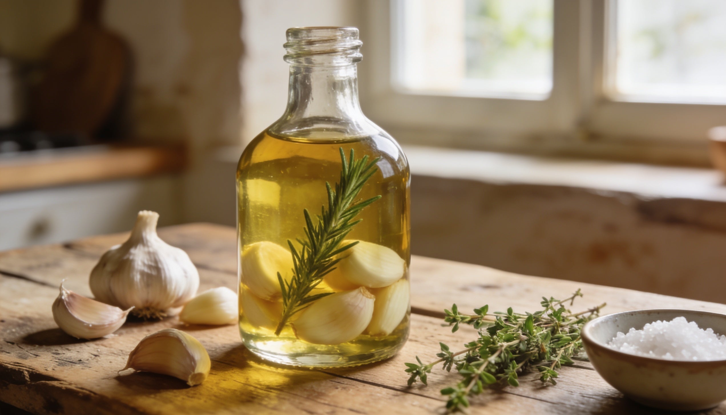 A glass bottle of golden garlic-infused olive oil with fresh garlic and rosemary on a rustic kitchen table