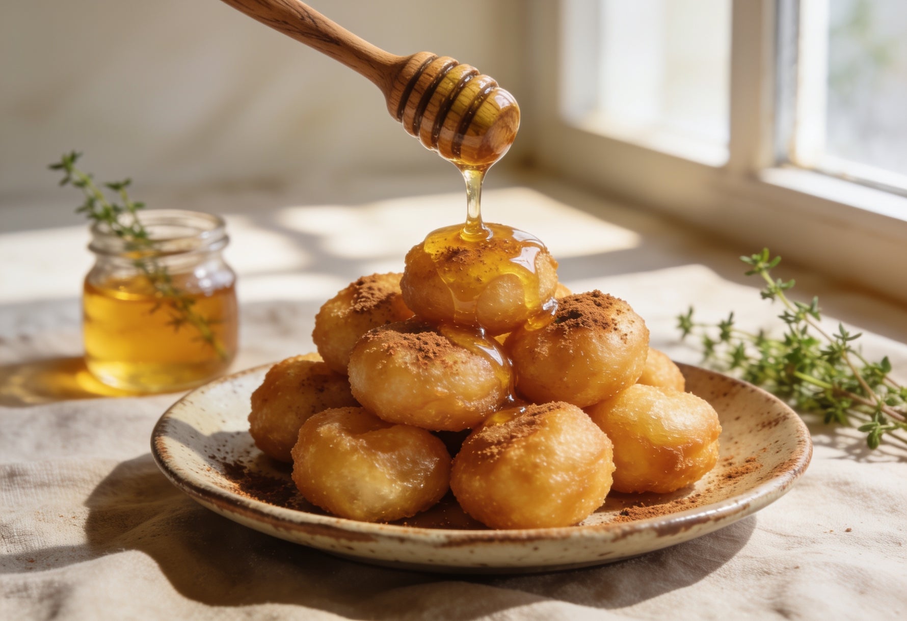 Golden Greek loukoumades on a ceramic plate with thyme honey being drizzled over them