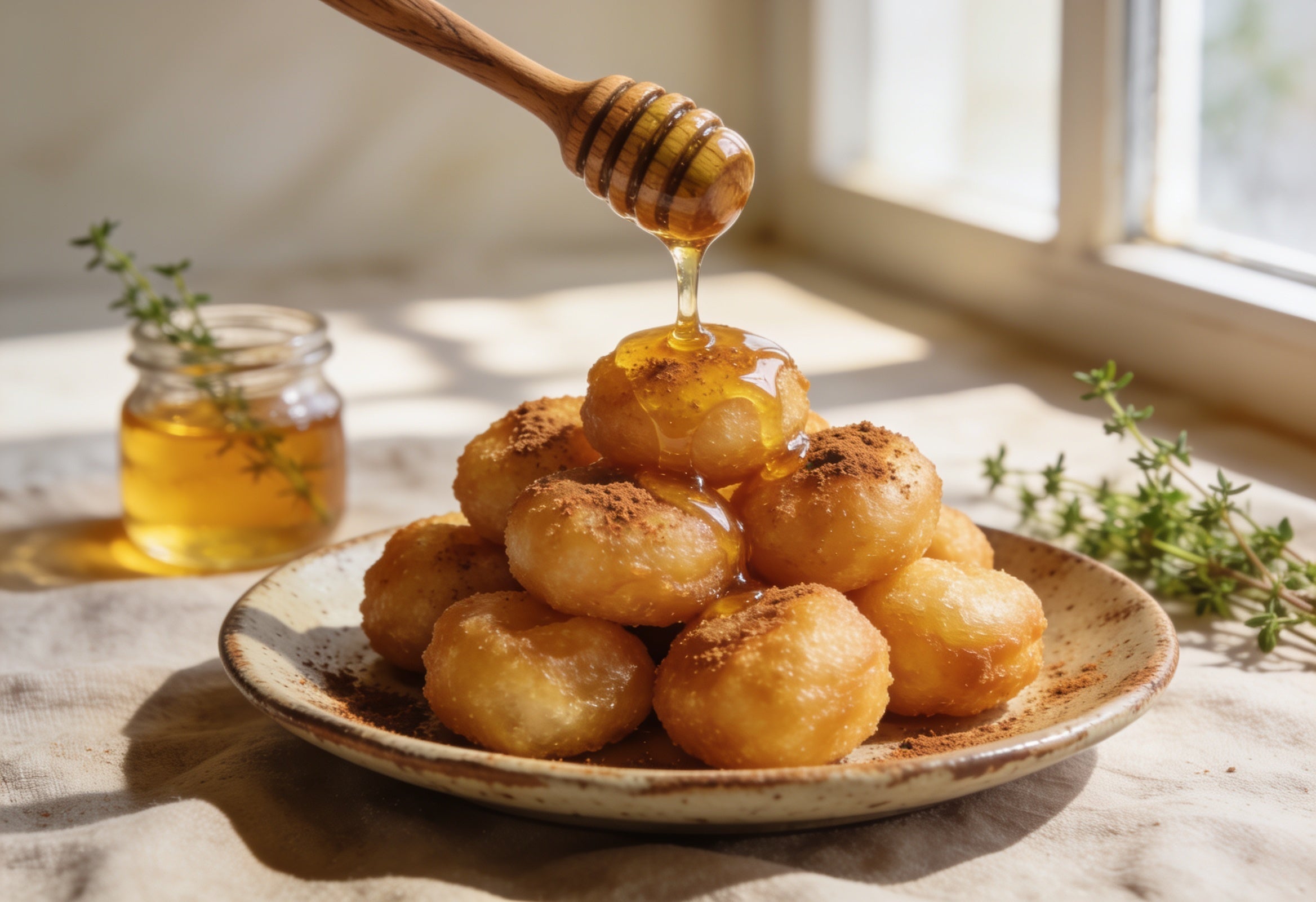 Golden Greek loukoumades on a ceramic plate with thyme honey being drizzled over them