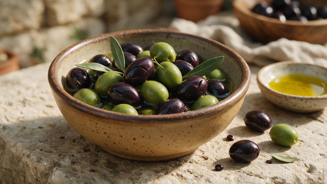 A rustic bowl of glossy black Kalamata and green olives in brine with olive leaves on a stone surface