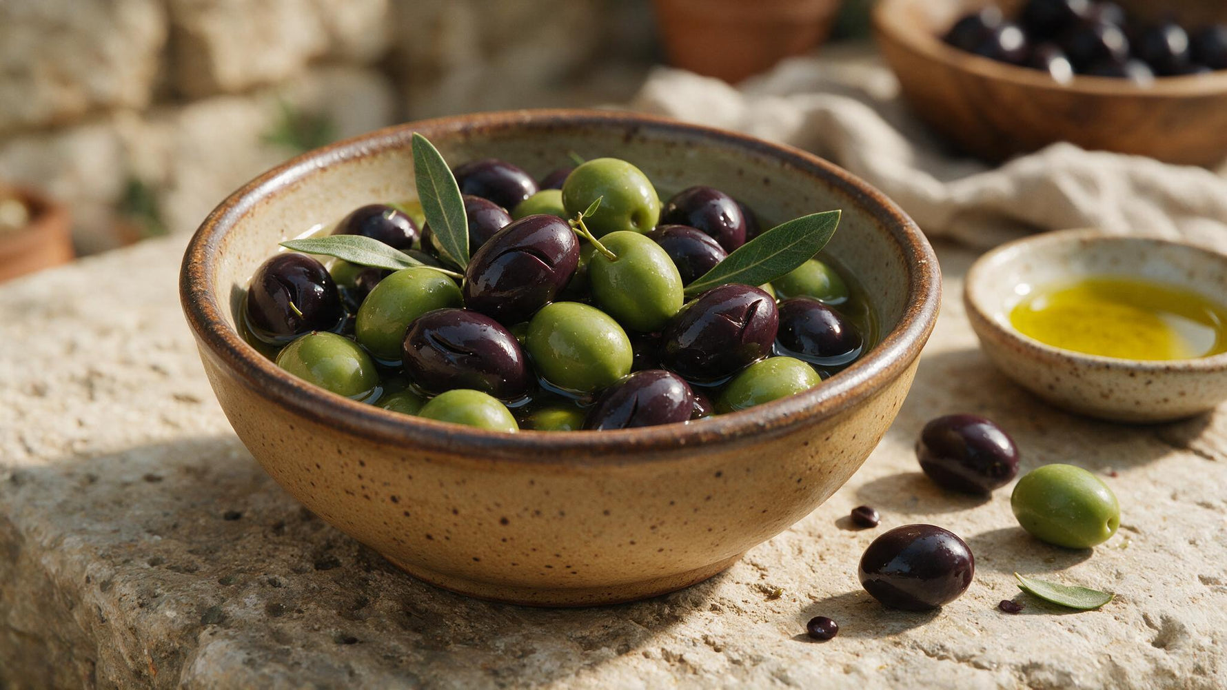 A rustic bowl of glossy black Kalamata and green olives in brine with olive leaves on a stone surface