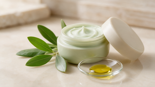 A jar of light olive-leaf face cream beside fresh olive leaves and a small dish holding a drop of golden olive oil