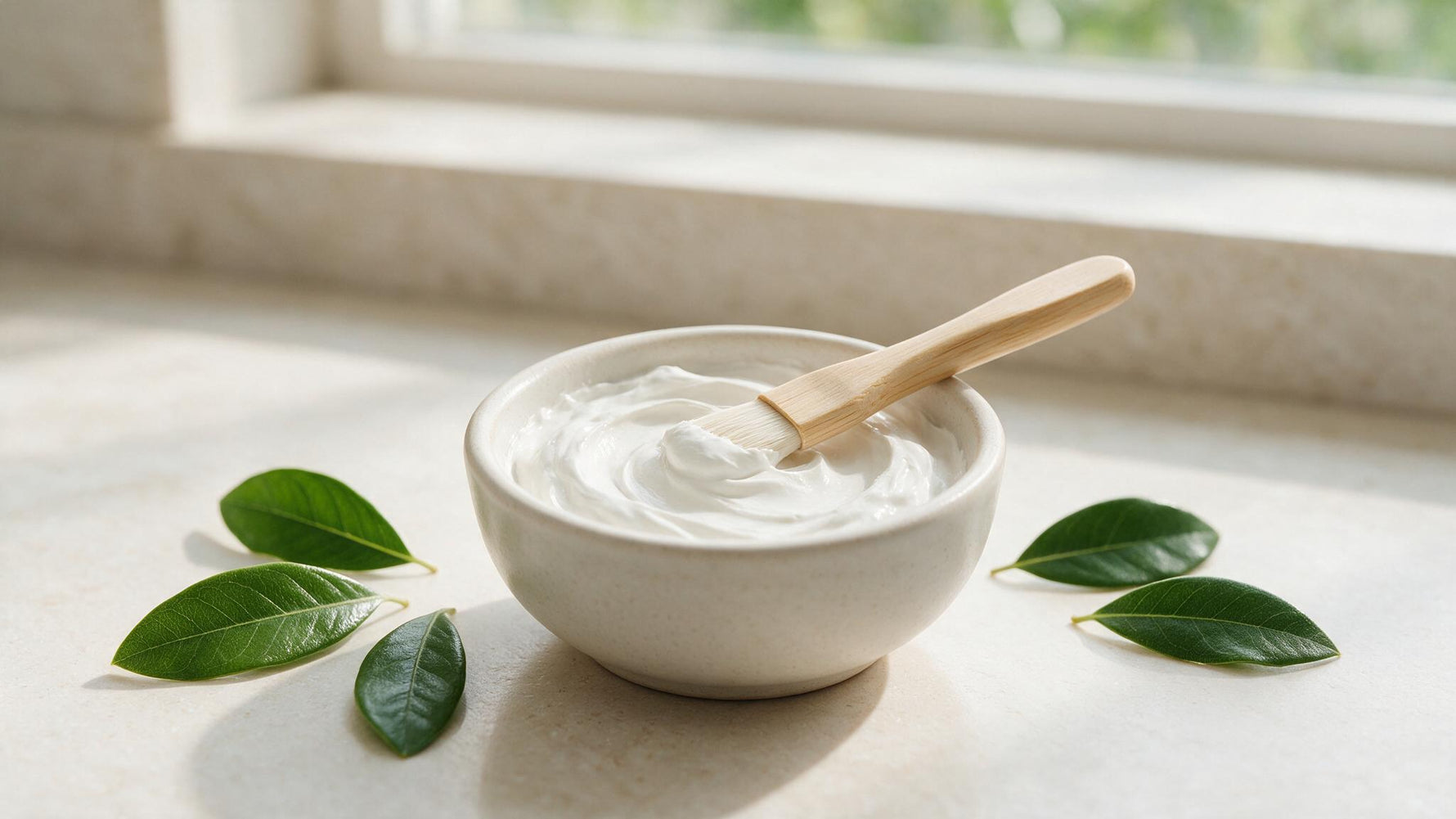 Natural clay face mask in a bowl with a brush and fresh olive leaves in a bright spa setting