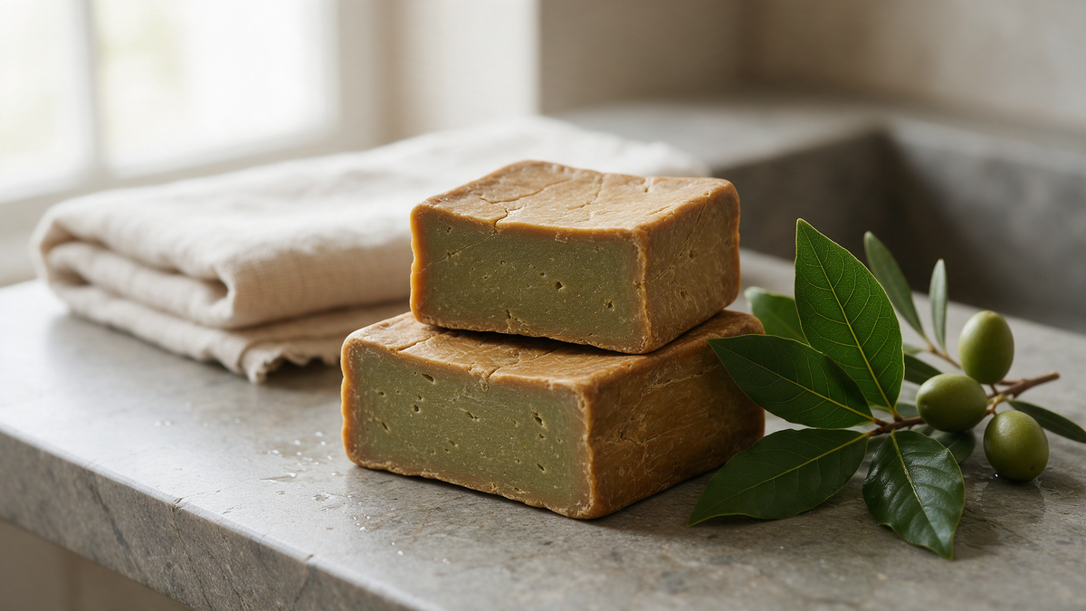 Two stacked bars of traditional hand-cut Aleppo soap with olive-green interior, beside fresh laurel leaves and an olive branch on a stone surface