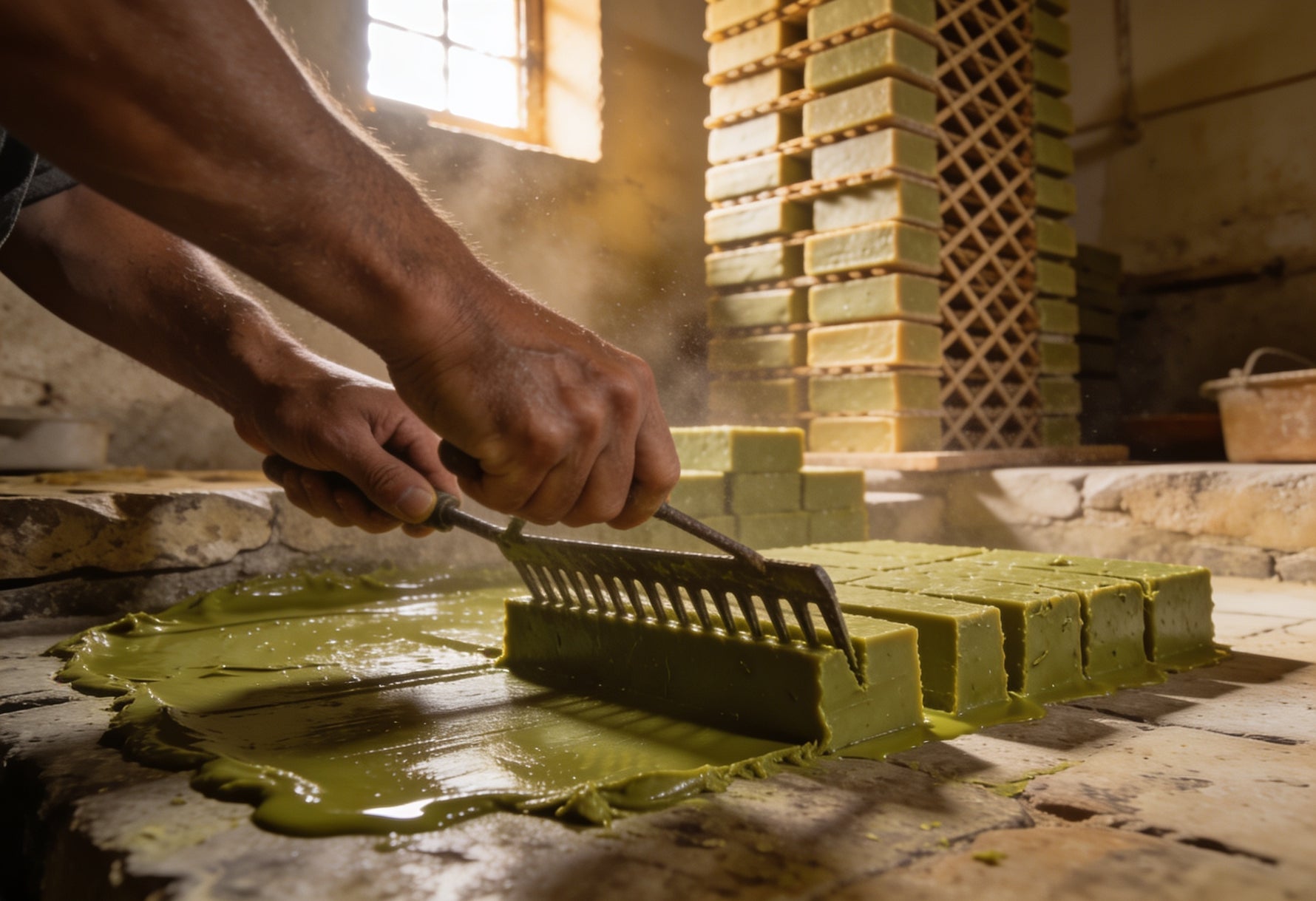Traditional Aleppo soap production: green soap paste being hand-cut and bars stacked in towers to cure