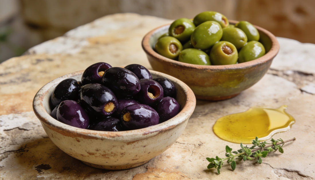 Two rustic bowls of green Greek olives and black Kalamata olives on a Mediterranean stone table