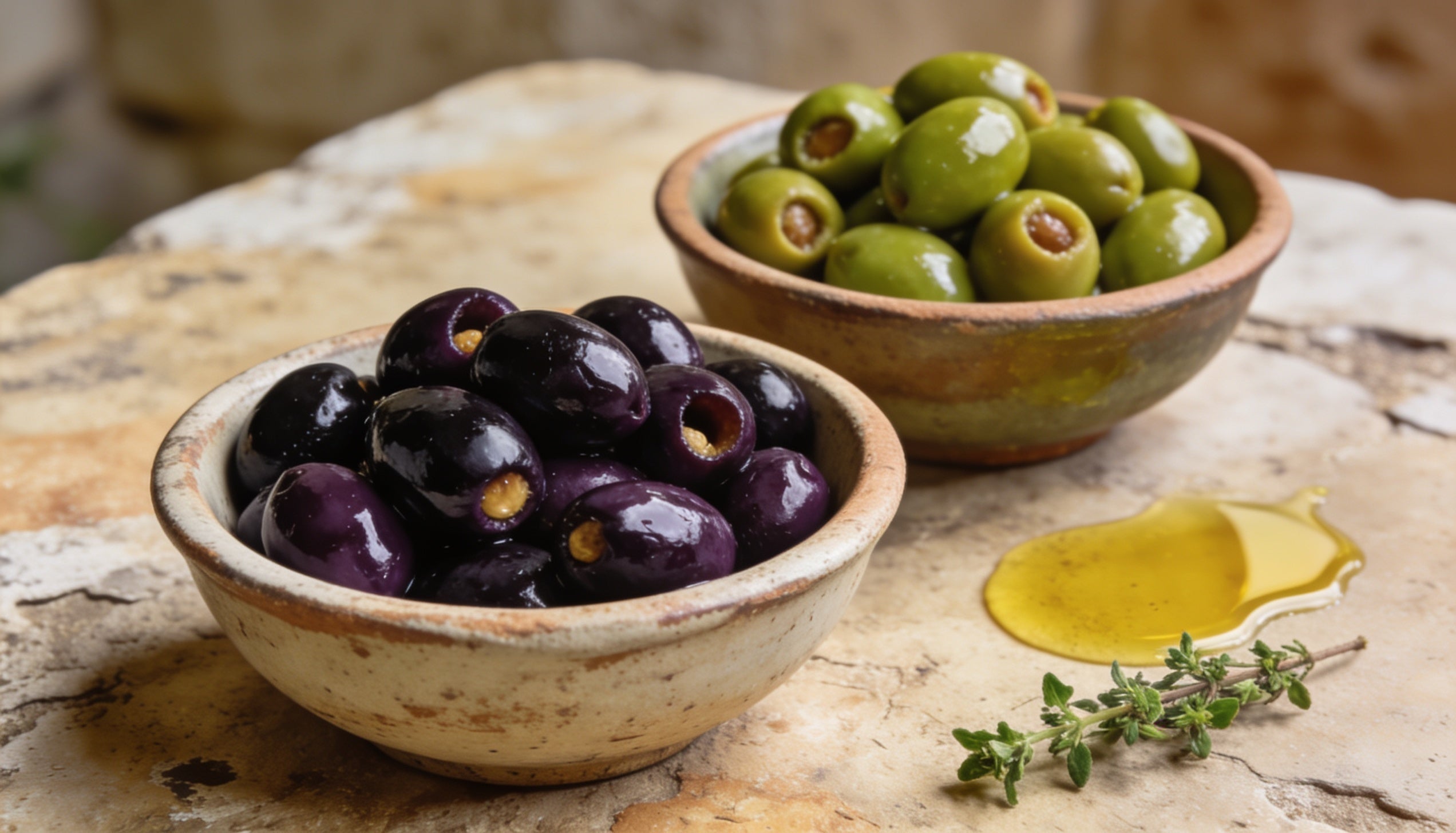 Two rustic bowls of green Greek olives and black Kalamata olives on a Mediterranean stone table