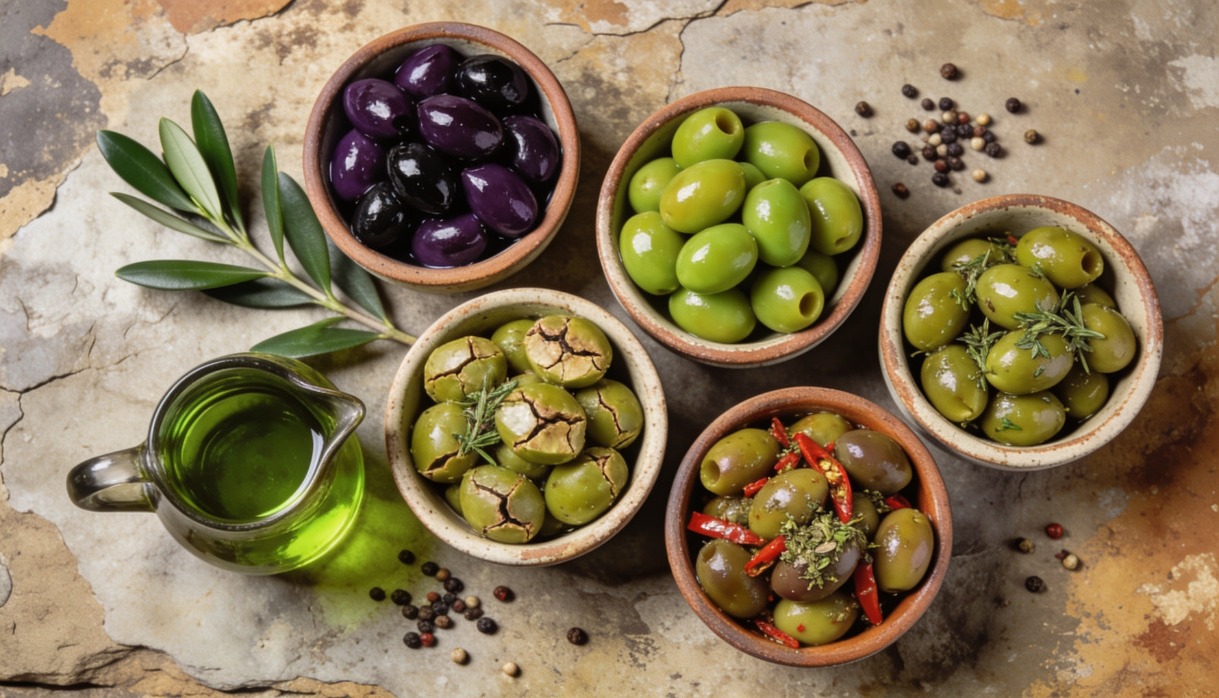 Several varieties of Mediterranean olives in small bowls on a rustic surface