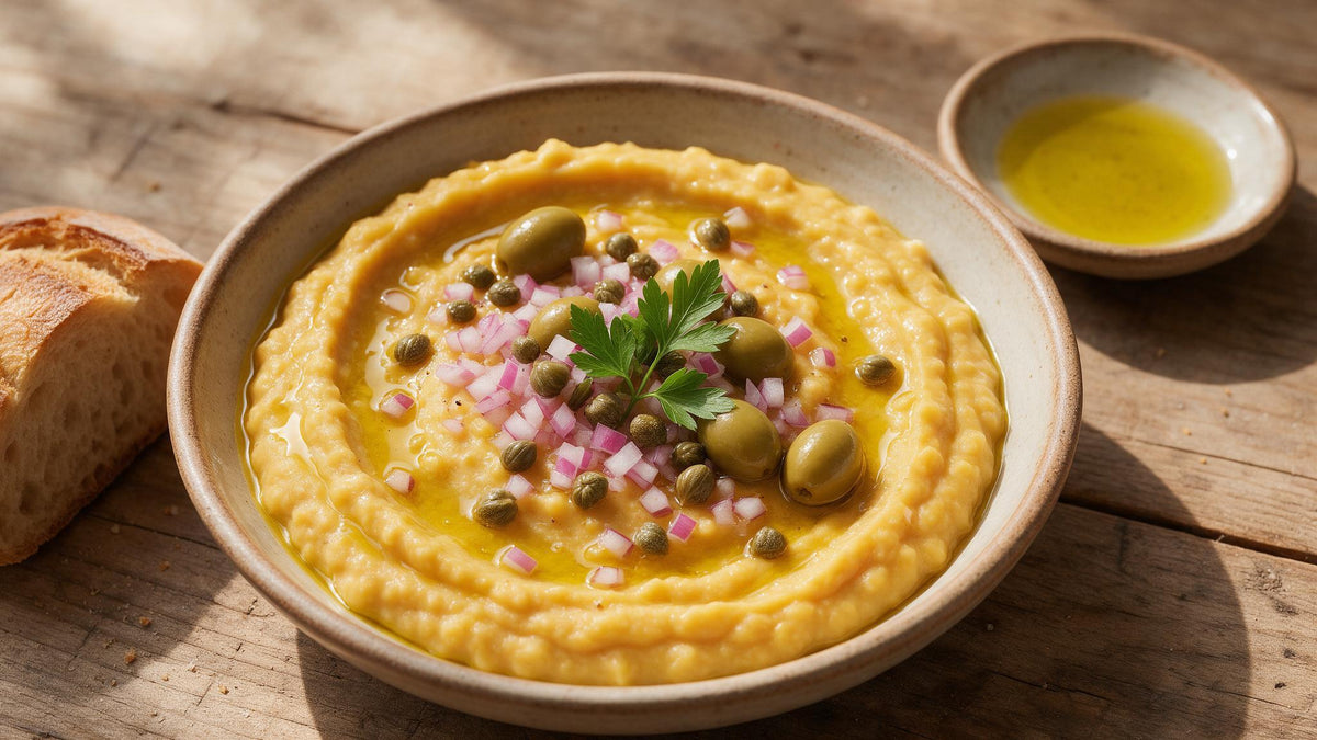A bowl of creamy Greek fava topped with red onion, capers and olives, drizzled with olive oil