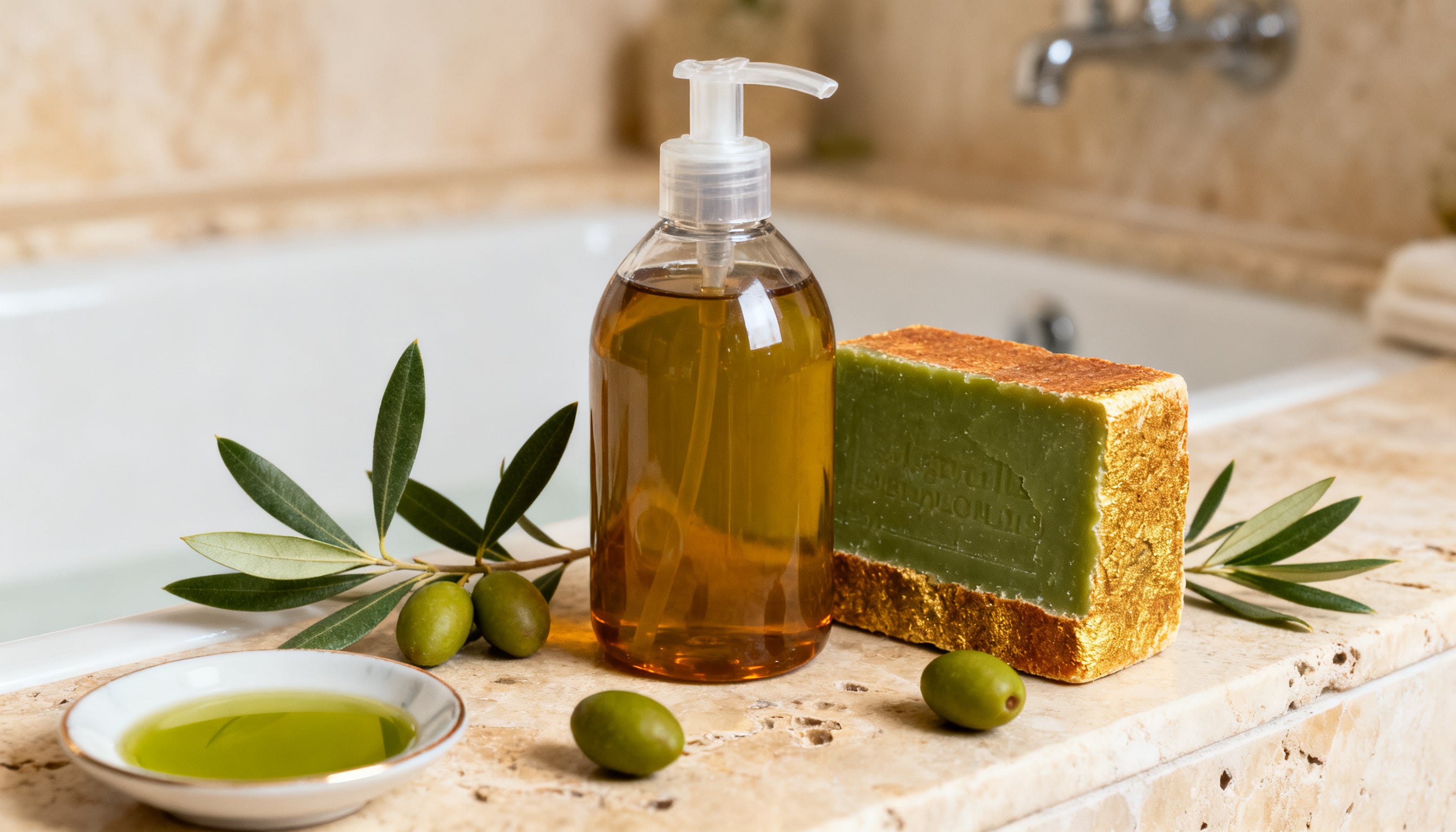 Liquid Aleppo soap in a glass pump bottle beside a traditional hand-cut Aleppo soap bar with laurel leaves and olives