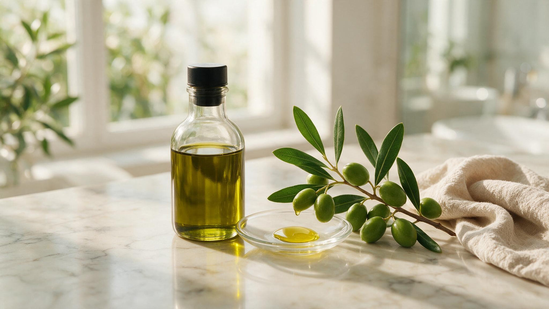 Extra virgin olive oil with an olive branch on a marble counter for natural skincare