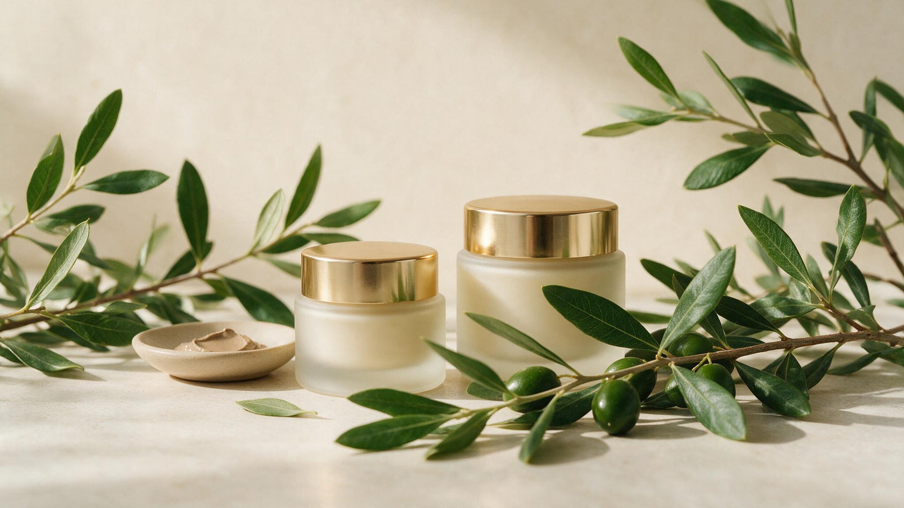 Natural olive leaf skincare creams and a clay mask surrounded by fresh olive branches