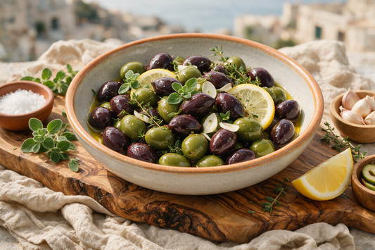 A rustic bowl of Greek marinated Kalamata and green olives with herbs, lemon and olive oil