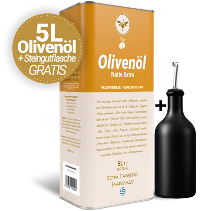 Starter-Set: Natives Olivenöl extra 5L von der Peloponnes + GRATIS Steingutflasche