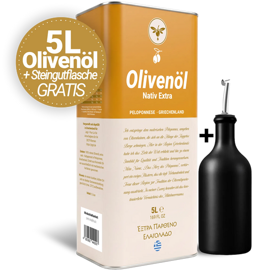 Starter-Set: Natives Olivenöl extra 5L von der Peloponnes + GRATIS Steingutflasche