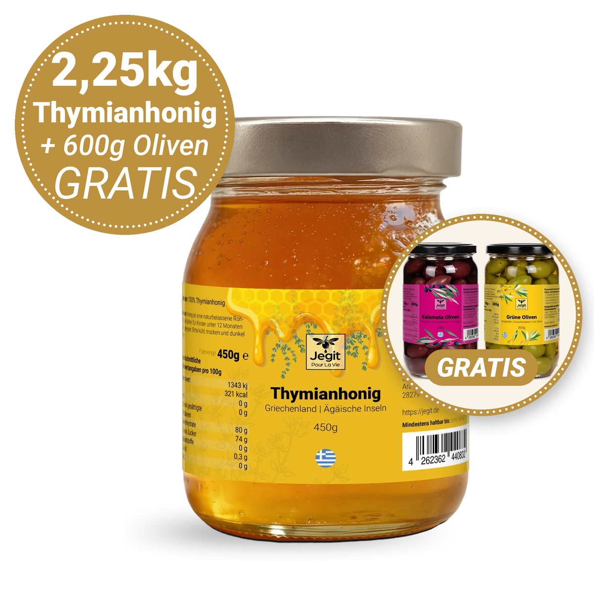 Thymianhonig 2,25kg (5 × 450g) + gratis 600g griechische Oliven