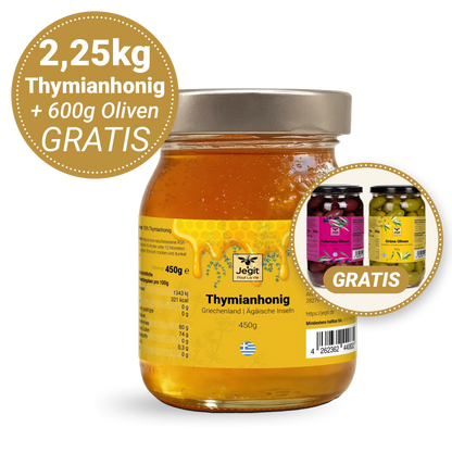 Thymianhonig 2,25kg (5 × 450g) + gratis 600g griechische Oliven