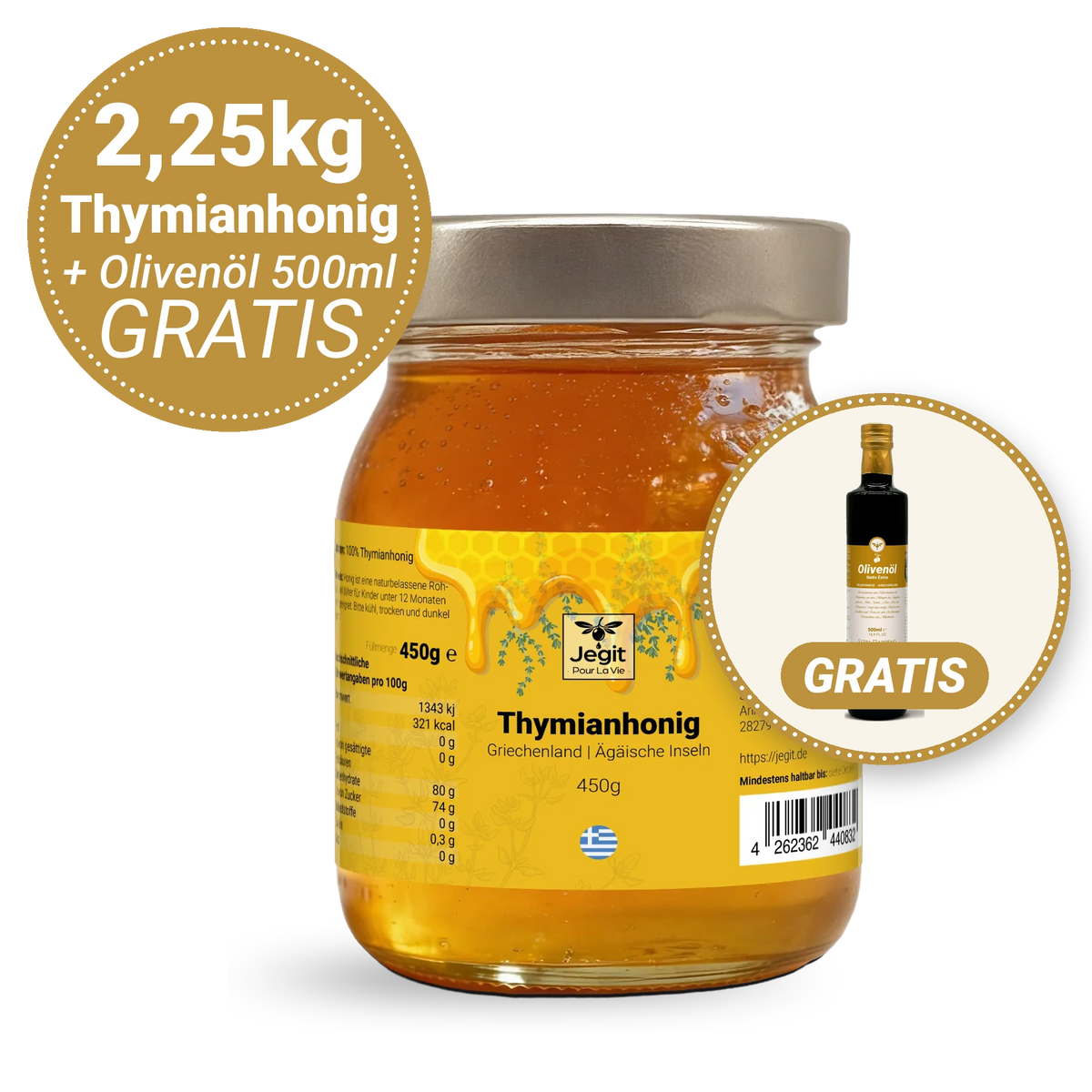Thymianhonig 2,25kg (5 × 450g) + gratis natives Olivenöl extra 500ml