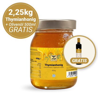 Thymianhonig 2,25kg (5 × 450g) + gratis natives Olivenöl extra 500ml