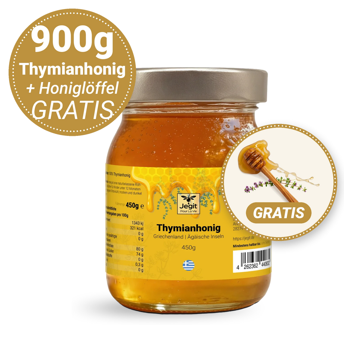 Thymianhonig 900g (2 × 450g) + gratis Honiglöffel aus Olivenholz