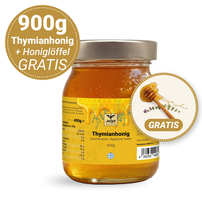 Thymianhonig 900g (2 × 450g) + gratis Honiglöffel aus Olivenholz
