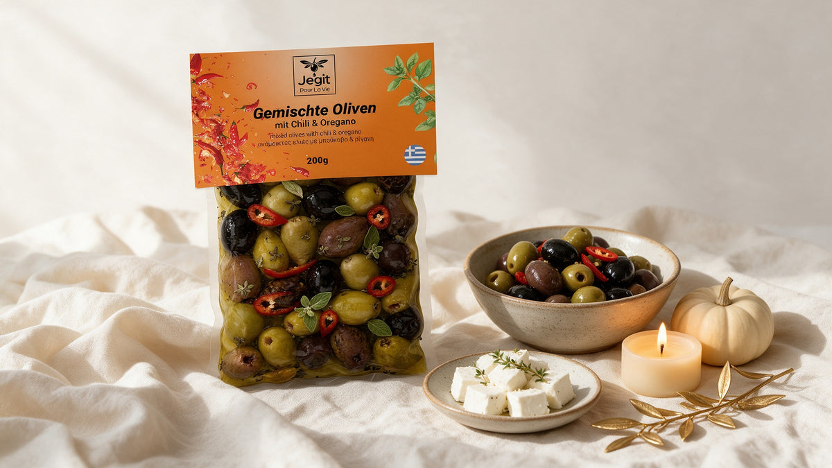 Griechische Oliven mit Chili & Oregano auf hellem Leinen