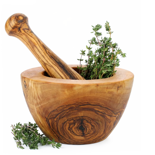 Mörser & Stößel aus Olivenholz 14 cm
