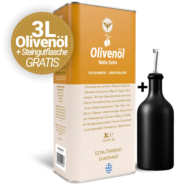 Starter-Set: 3L Natives Olivenöl extra von der Peloponnes + GRATIS Steingutflasche