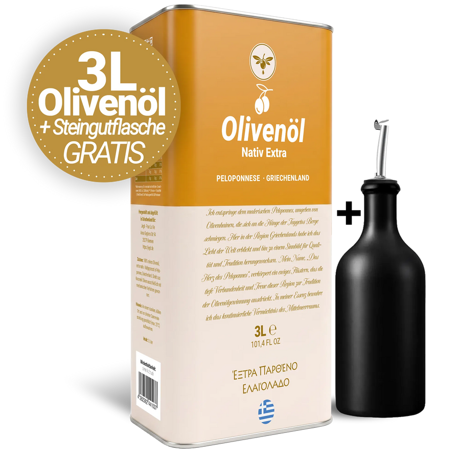 Starter-Set: 3L Natives Olivenöl extra von der Peloponnes + GRATIS Steingutflasche