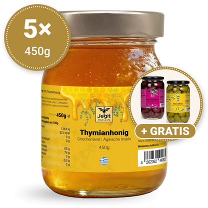 Thymianhonig 2,25kg (5 × 450g) + gratis 600g griechische Oliven