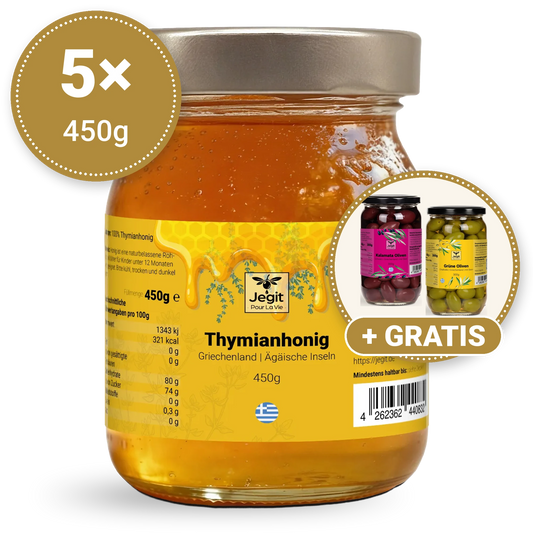 Thymianhonig 2,25kg (5 × 450g) + gratis 600g griechische Oliven
