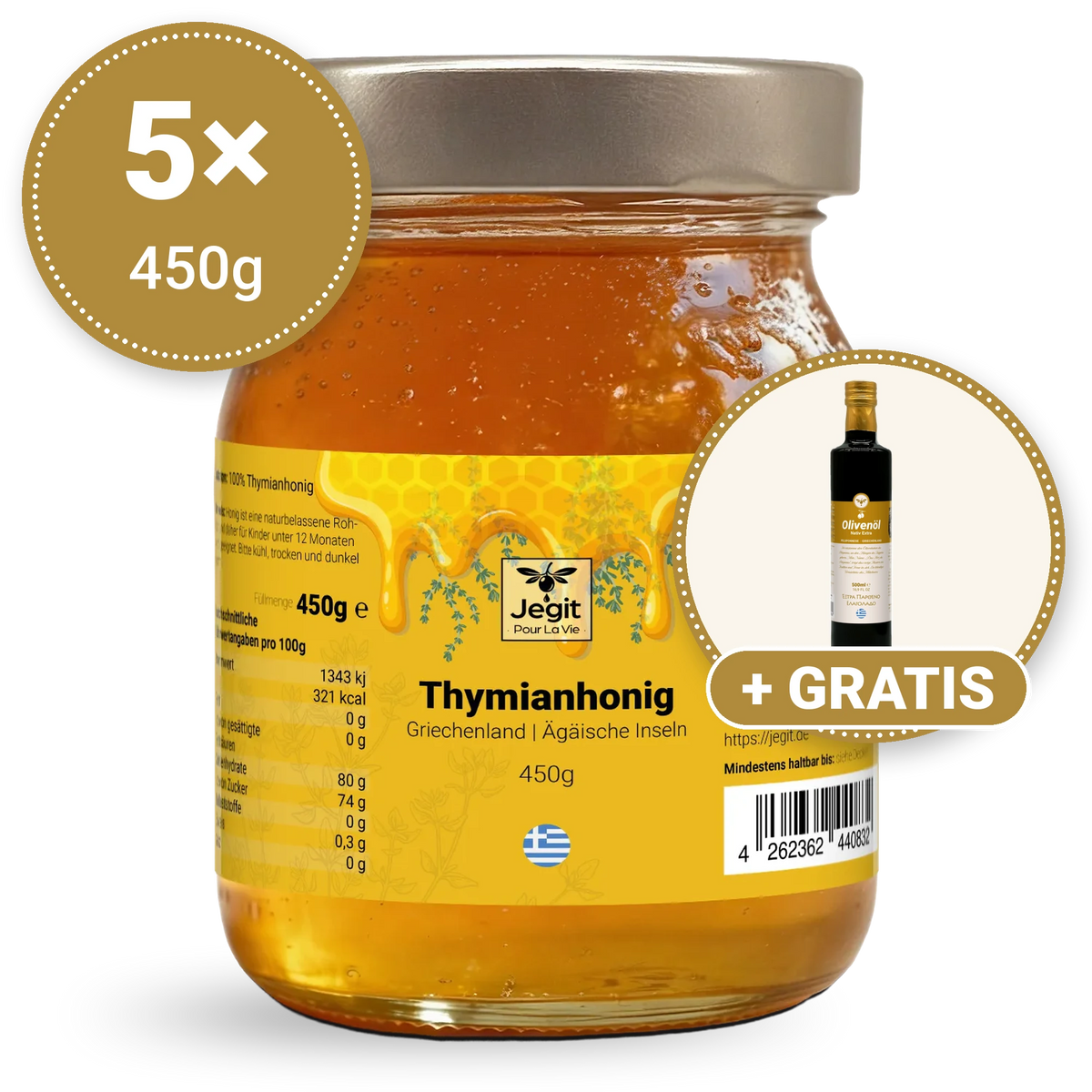 Thymianhonig 2,25kg (5 × 450g) + gratis natives Olivenöl extra 500ml