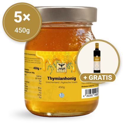 Thymianhonig 2,25kg (5 × 450g) + gratis natives Olivenöl extra 500ml