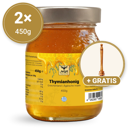 Thymianhonig 900g (2 × 450g) + gratis Honiglöffel aus Olivenholz