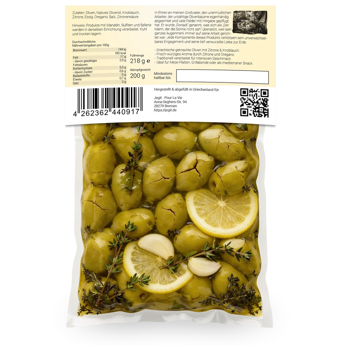 Griechische aufgebrochene Oliven mit Oregano, Zitrone & Knoblauch