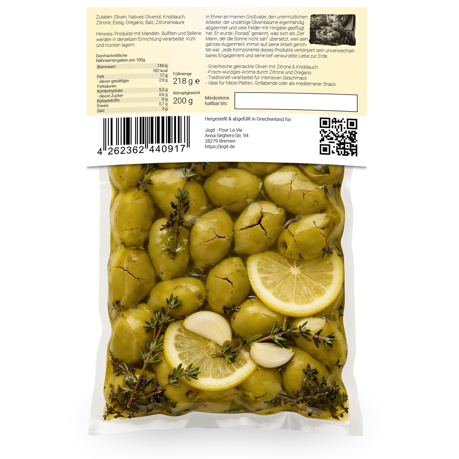 Griechische aufgebrochene Oliven mit Oregano, Zitrone & Knoblauch