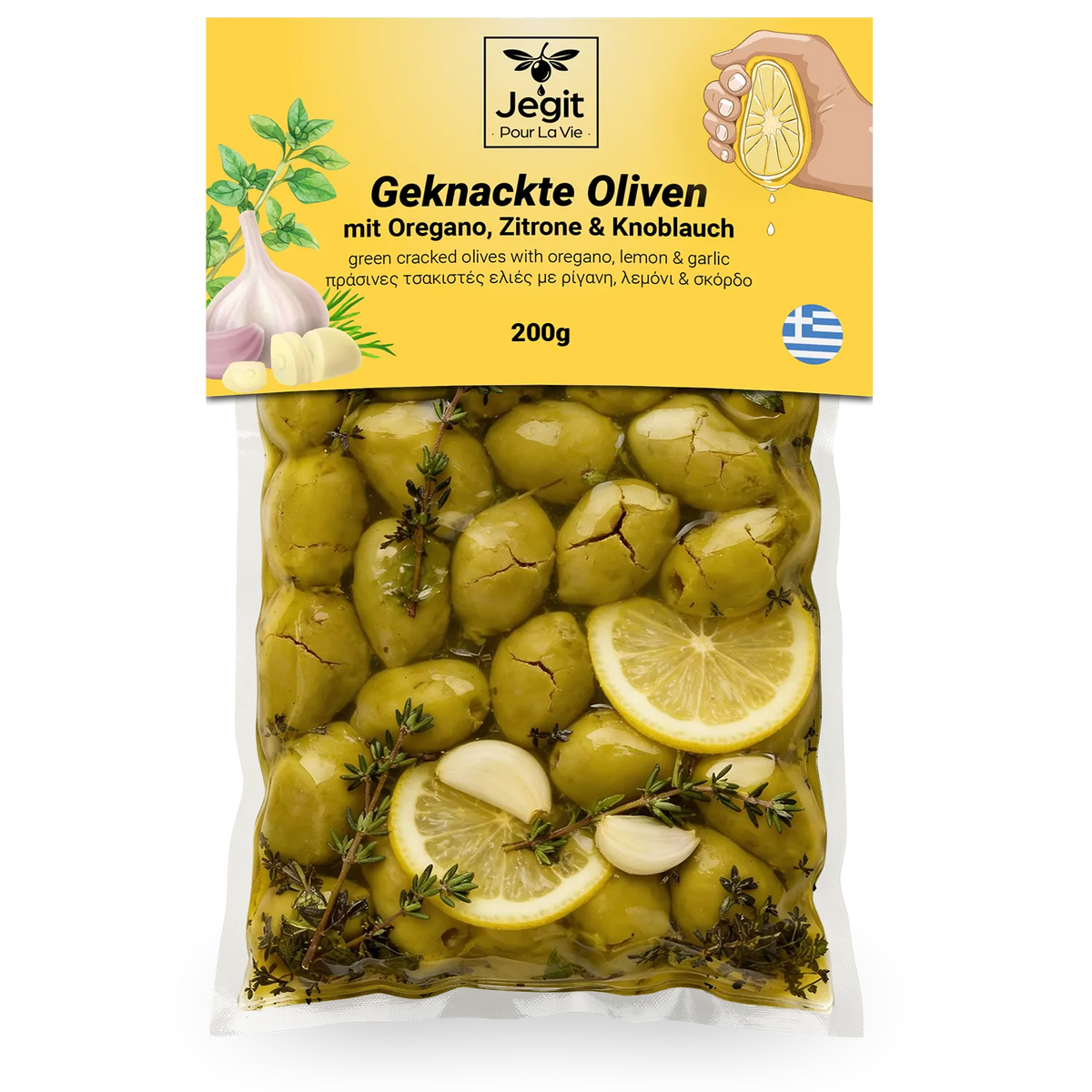 Griechische aufgebrochene Oliven mit Oregano, Zitrone & Knoblauch