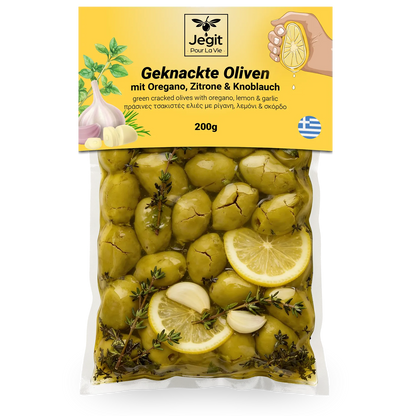Griechische aufgebrochene Oliven mit Oregano, Zitrone & Knoblauch