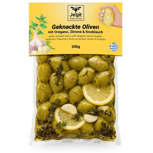 Griechische aufgebrochene Oliven mit Oregano, Zitrone & Knoblauch
