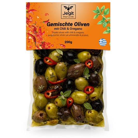 Griechische gemischte Oliven mit Chili & Oregano