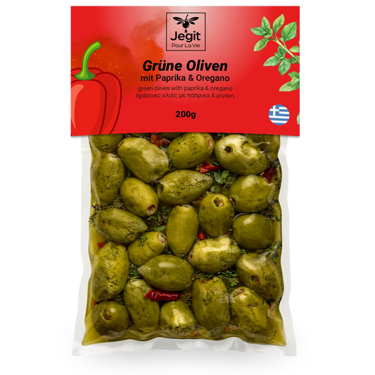 Griechische grüne Oliven 200g mit Paprika & Oregano