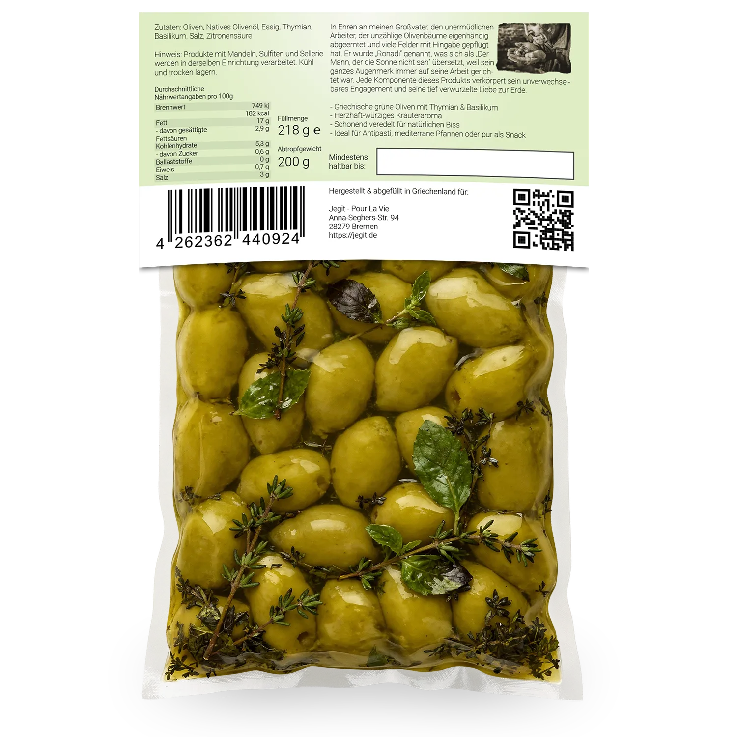 Griechische grüne Oliven mit Thymian & Basilikum