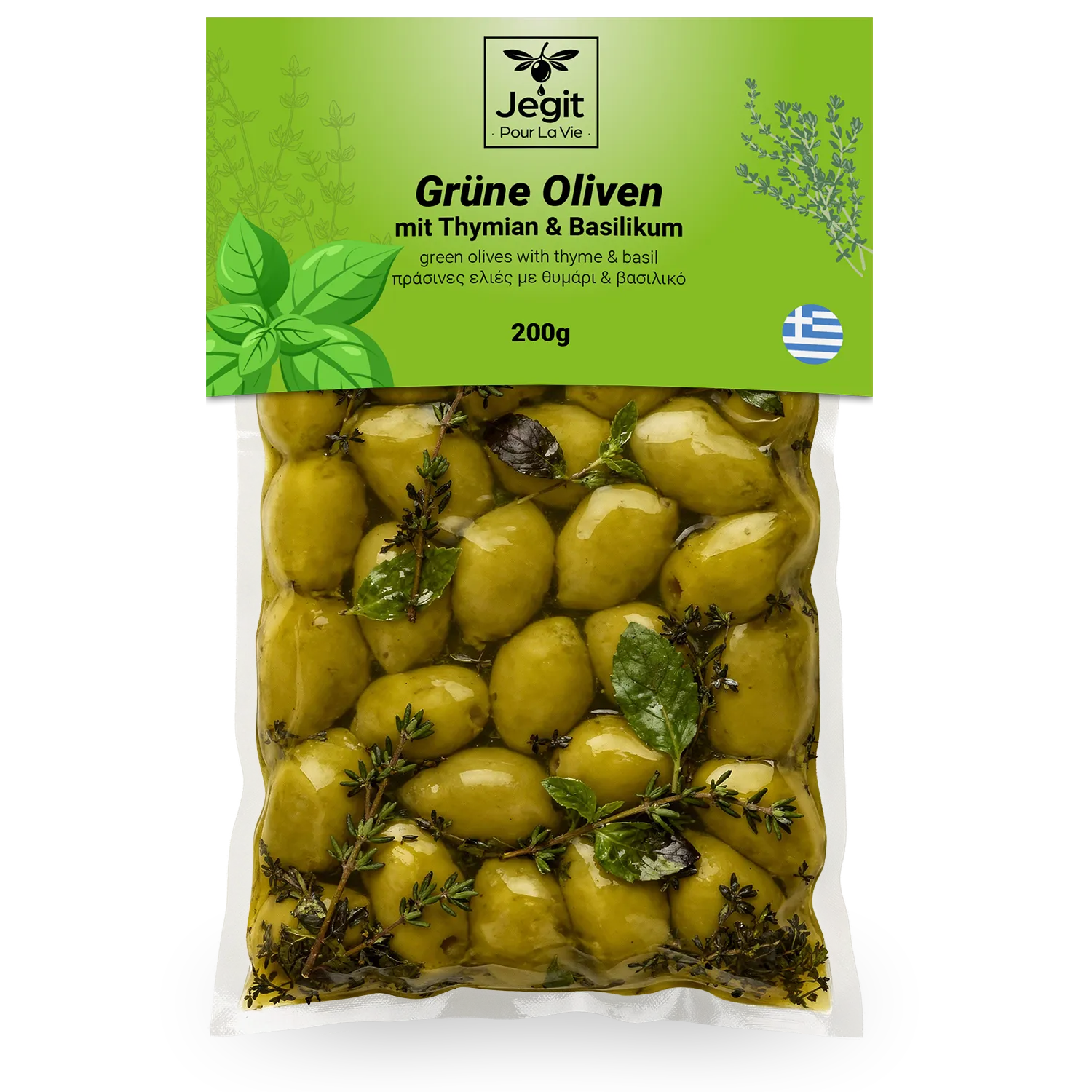 Griechische grüne Oliven mit Thymian & Basilikum