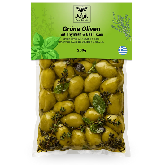 Griechische grüne Oliven mit Thymian & Basilikum