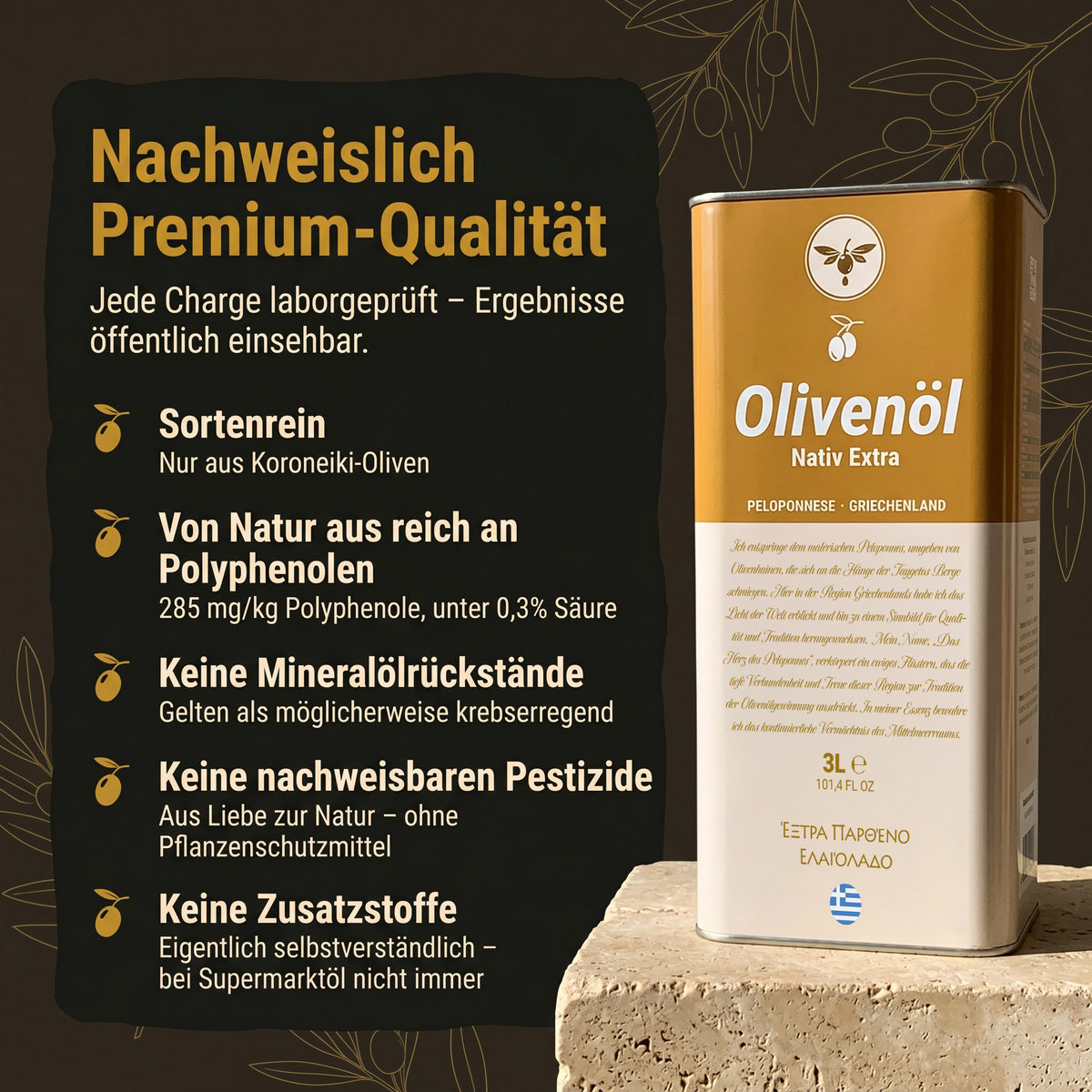 Starter-Set: 3L Natives Olivenöl extra von der Peloponnes + GRATIS Steingutflasche
